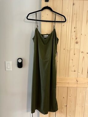 Urban Outfitters Olive Green Silk Midi Dress With Tie
